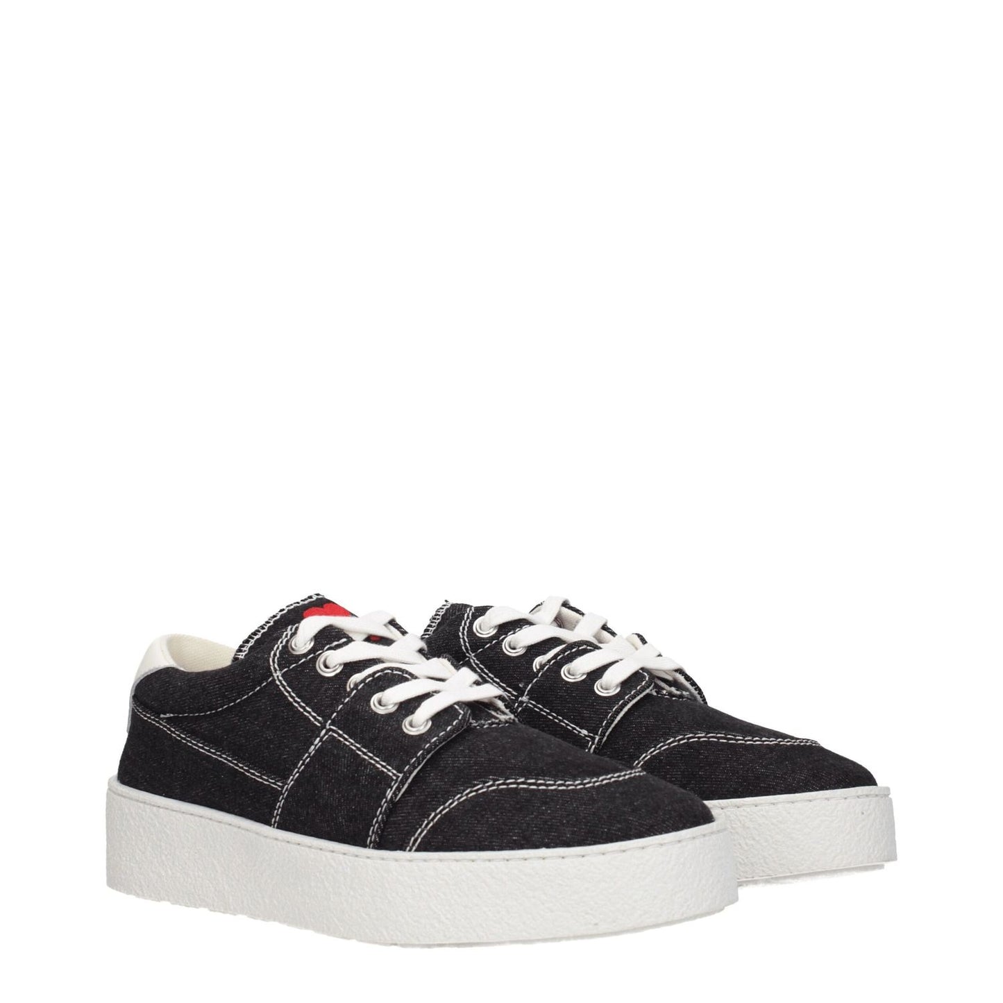 Ami Paris Black Fabric Low Top Sneakers with lace-up closure, rubber sole, mid heels, and round toe, featuring white secondary color accents.