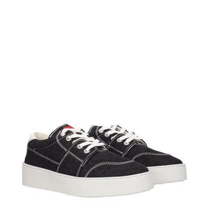 Ami Paris Black Fabric Low Top Sneakers with lace-up closure, rubber sole, mid heels, and round toe, featuring white secondary color accents.