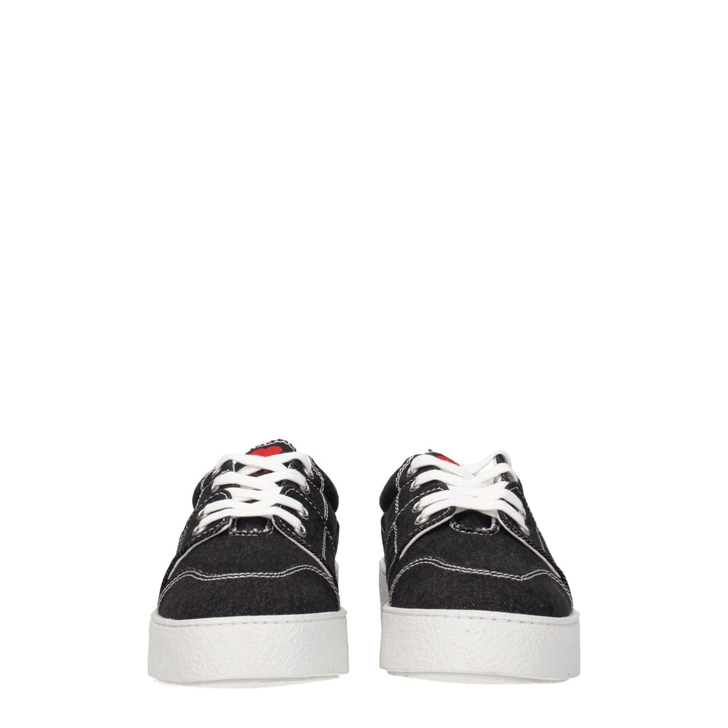 Ami Paris Black Fabric Low Top Sneakers featuring lace-up closure, front detail, back logo, and rubber sole, seen from the front.