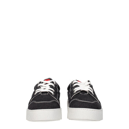 Ami Paris Black Fabric Low Top Sneakers featuring lace-up closure, front detail, back logo, and rubber sole, seen from the front.
