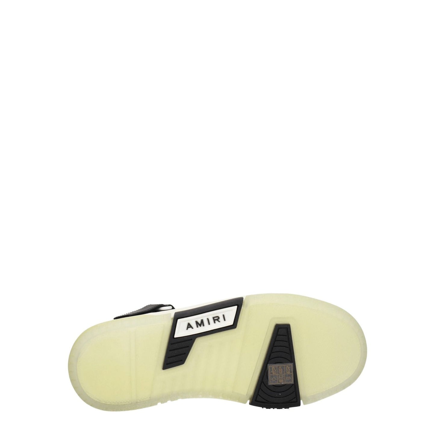 Bottom view of Amiri Black Leather High Top Sneakers with logo on sole, featuring rubber sole and wedge heel in street style.