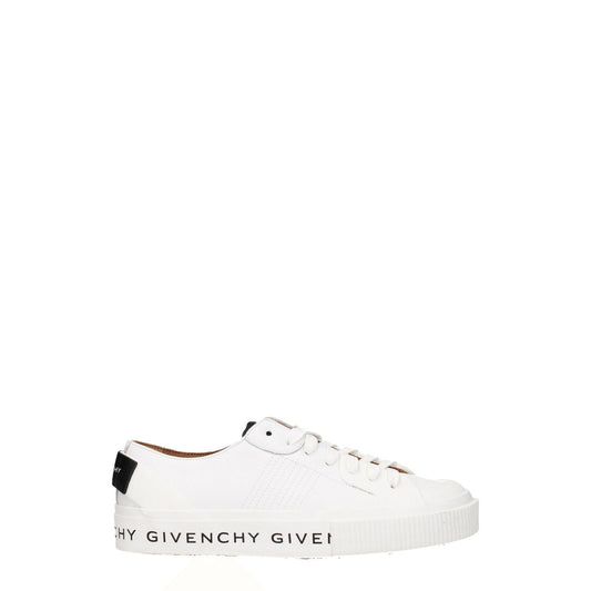 Givenchy White Leather Low Top Sneakers with front, side, and back logos, lace-up closure, rubber sole, and round toe design.