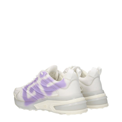 Givenchy Beige Leather Low Top Sneakers with lilac side detail, featuring logos on front and back, lace-up closure, rubber sole, round toe.