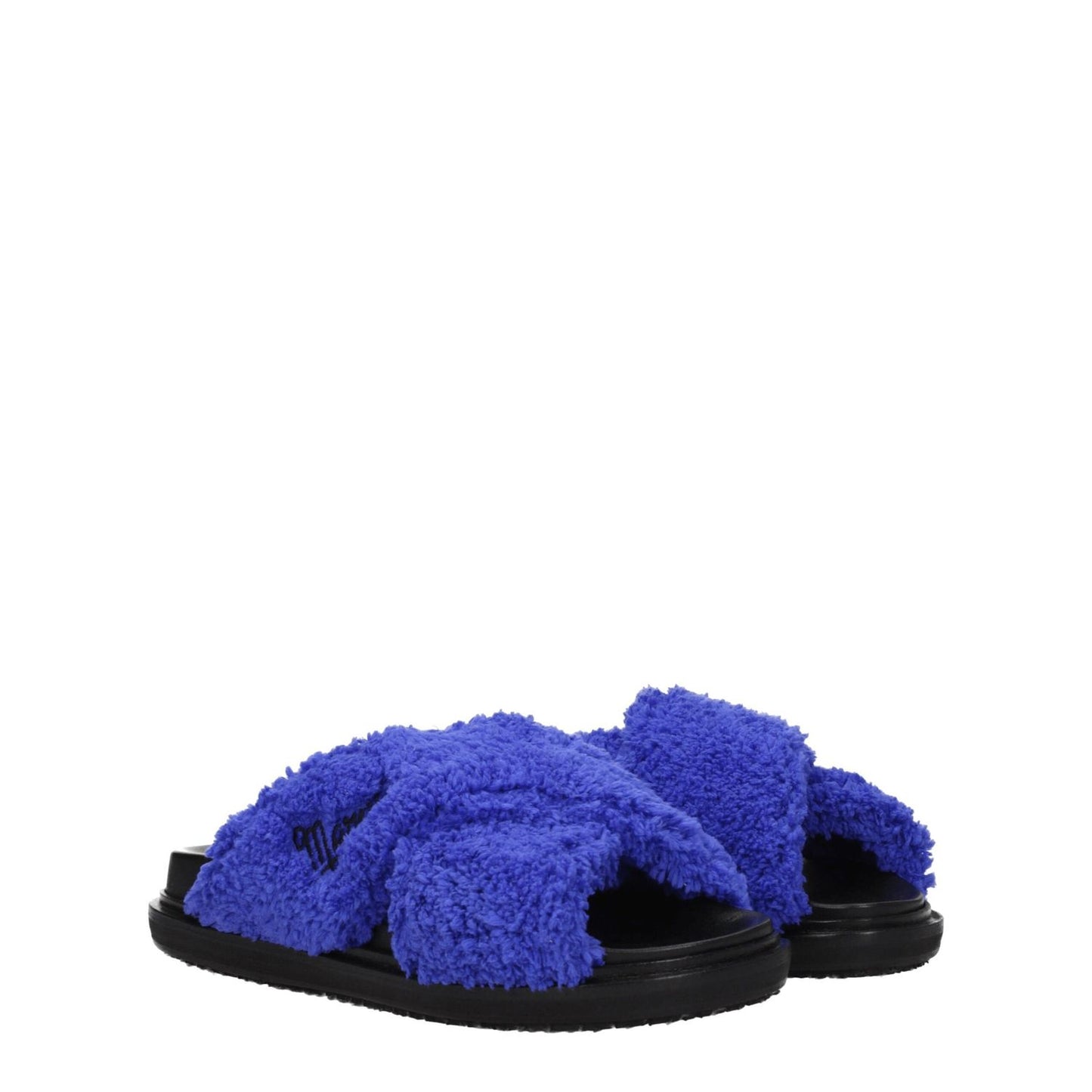 Marni Purple Fabric Slippers with open toe design, featuring side logo, rubber sole, and low flat heel. Casual style clogs in juniper violet.