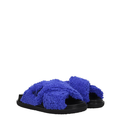 Marni Purple Fabric Slippers with open toe design, featuring side logo, rubber sole, and low flat heel. Casual style clogs in juniper violet.