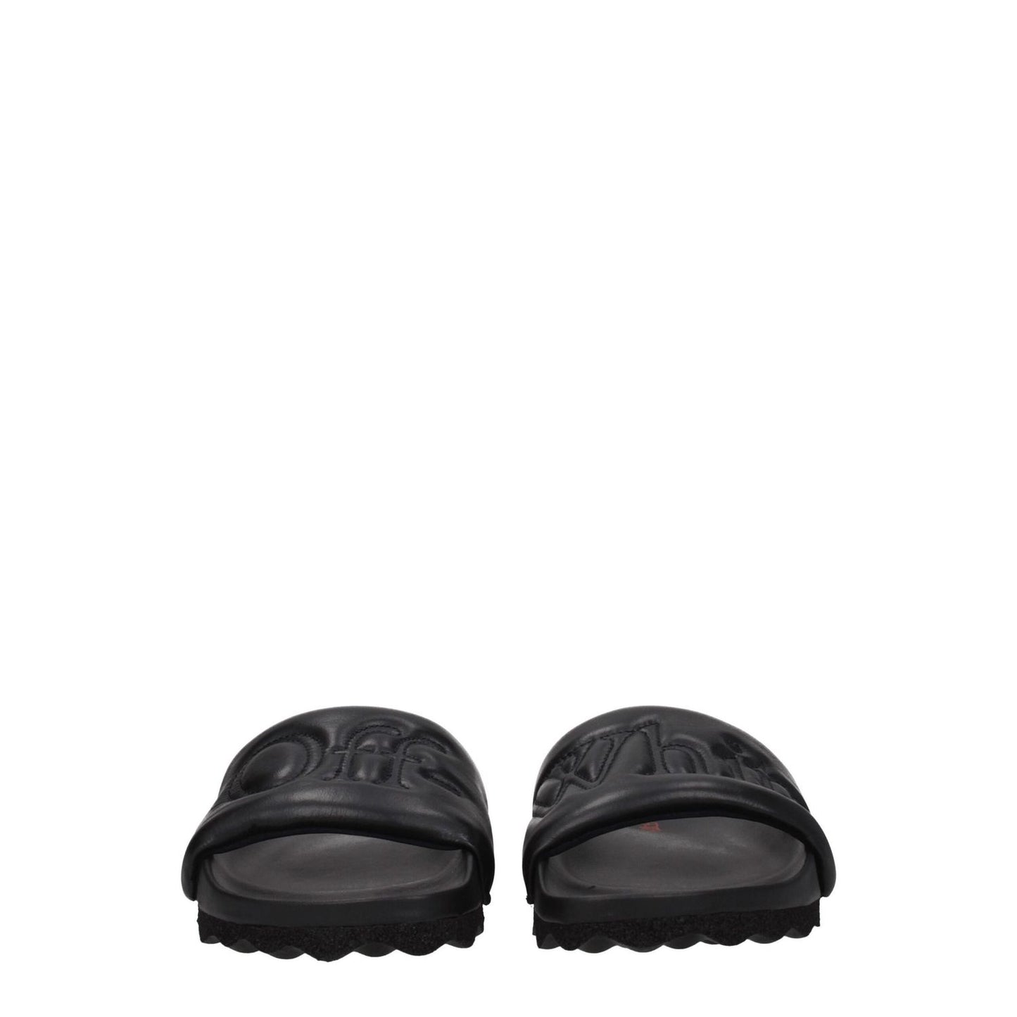 Off-White Black Leather Slippers with logo, round toe, rubber sole, designed for casual style.