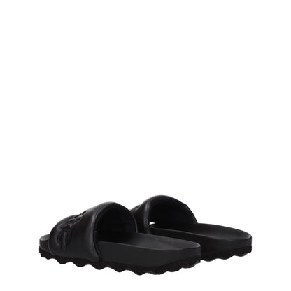 Off-White Black Leather Slippers with rubber sole and front logo, casual style with round toe and low flat heel, product code F77104.