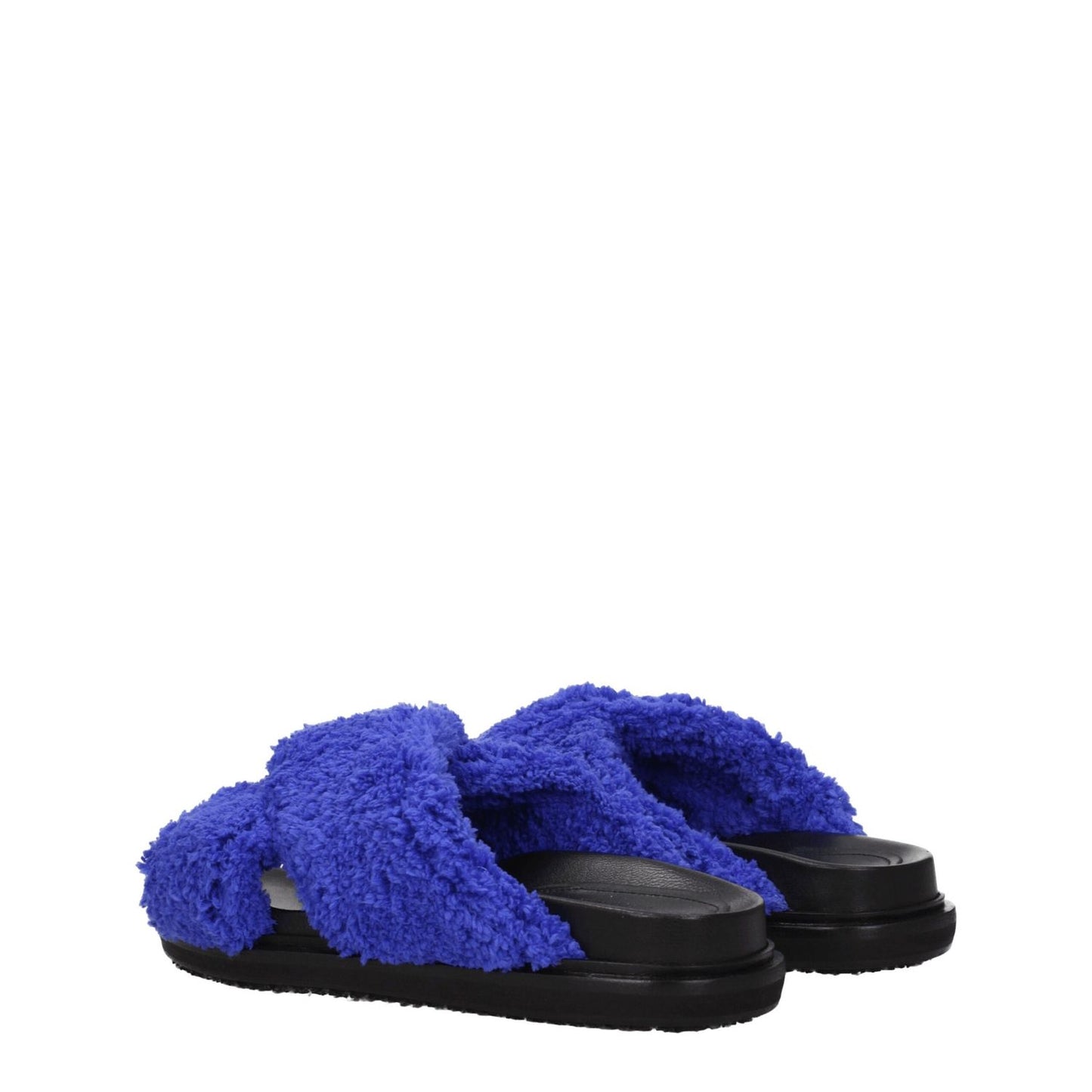Marni Purple Fabric Slippers with open toe and flat rubber sole, featuring fuzzy violet fabric and side logo on black platform.