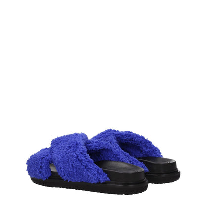 Marni Purple Fabric Slippers with open toe and flat rubber sole, featuring fuzzy violet fabric and side logo on black platform.