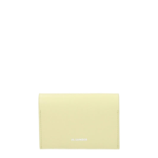 Jil Sander Yellow Leather Cardholder with front logo and button closure, three card slots, 7.5x10 cm, casual style.