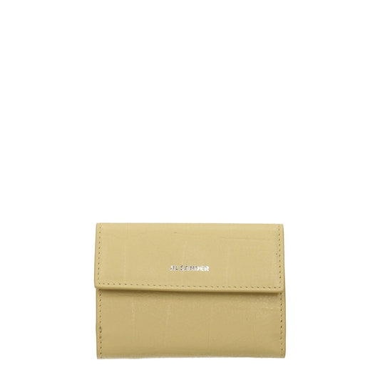 Jil Sander Yellow Leather Wallet with crocodile print, button closure, and front logo design.