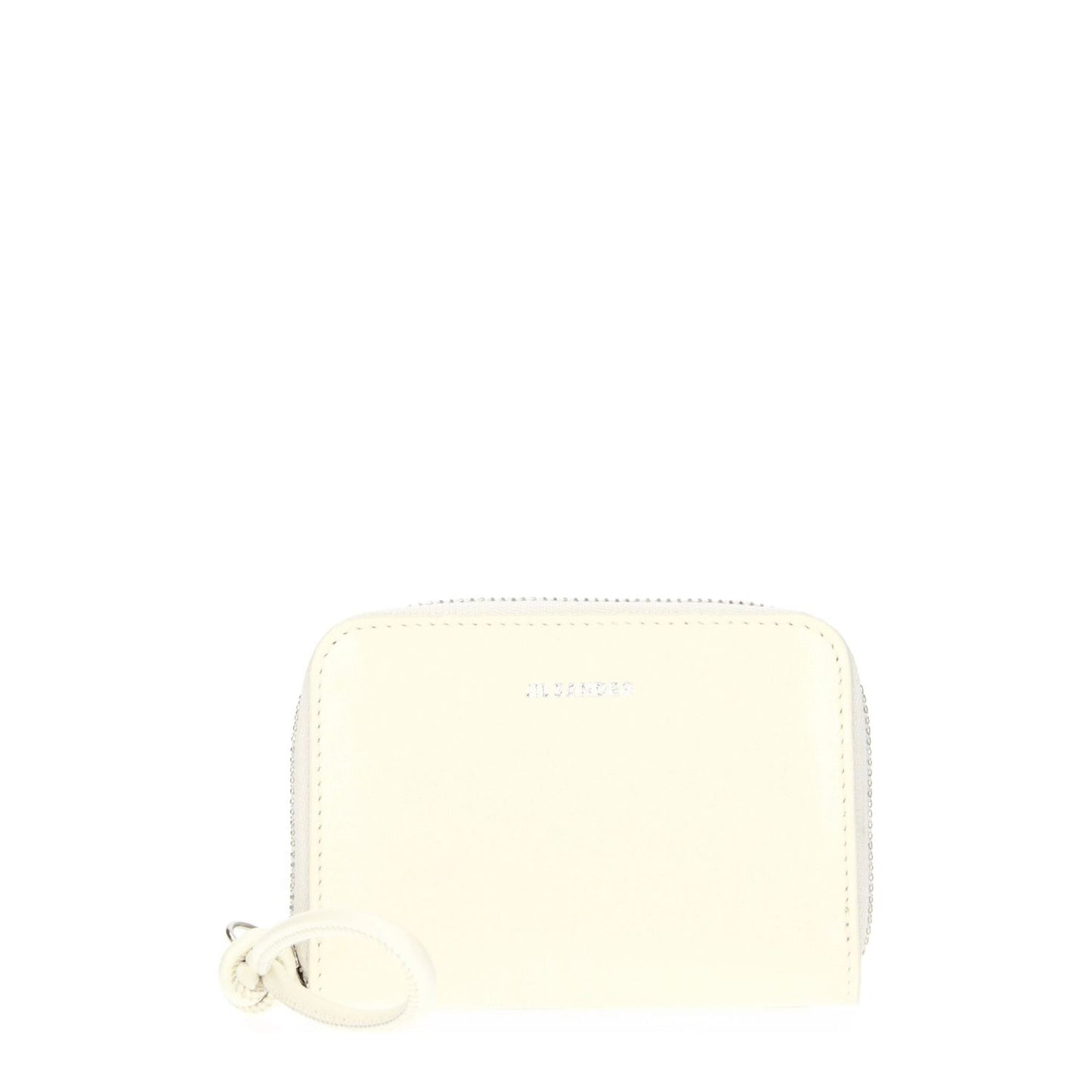 Jil Sander Beige Leather Wallet with zip closure and front logo, stylish coin purse with milk secondary color, casual leather accessory.