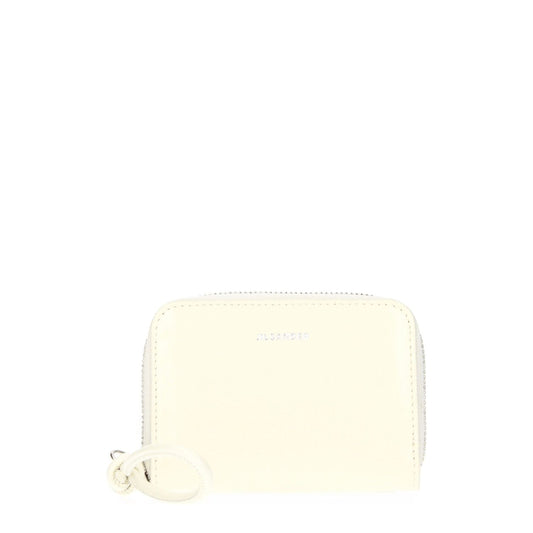 Jil Sander Beige Leather Wallet with front logo, zip closure, and milk secondary color, 7x10 cm size.