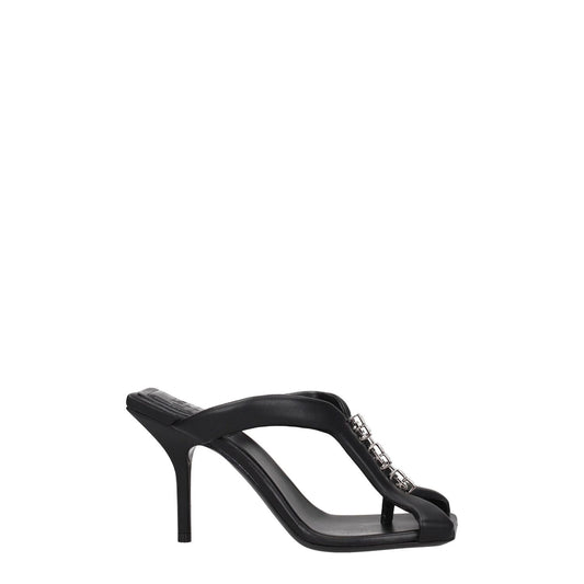 Alt Tag: Givenchy Black Leather Stiletto Heel Sandals with open toe and front logo, featuring high heels, black leather, and silver details.