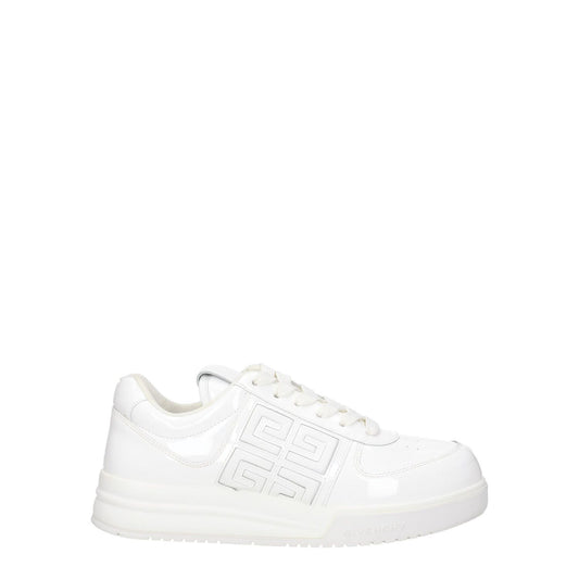 Givenchy White Leather Low Top Sneakers with logos on front, side, back, lace-up closure, and rubber sole, style code F77223.