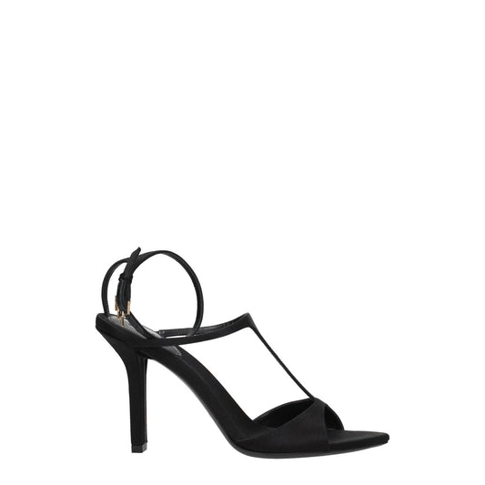 Givenchy Black Satin Stiletto Heel Sandals with gold detail and buckle closure, open toe high heel, leather sole, side logo.