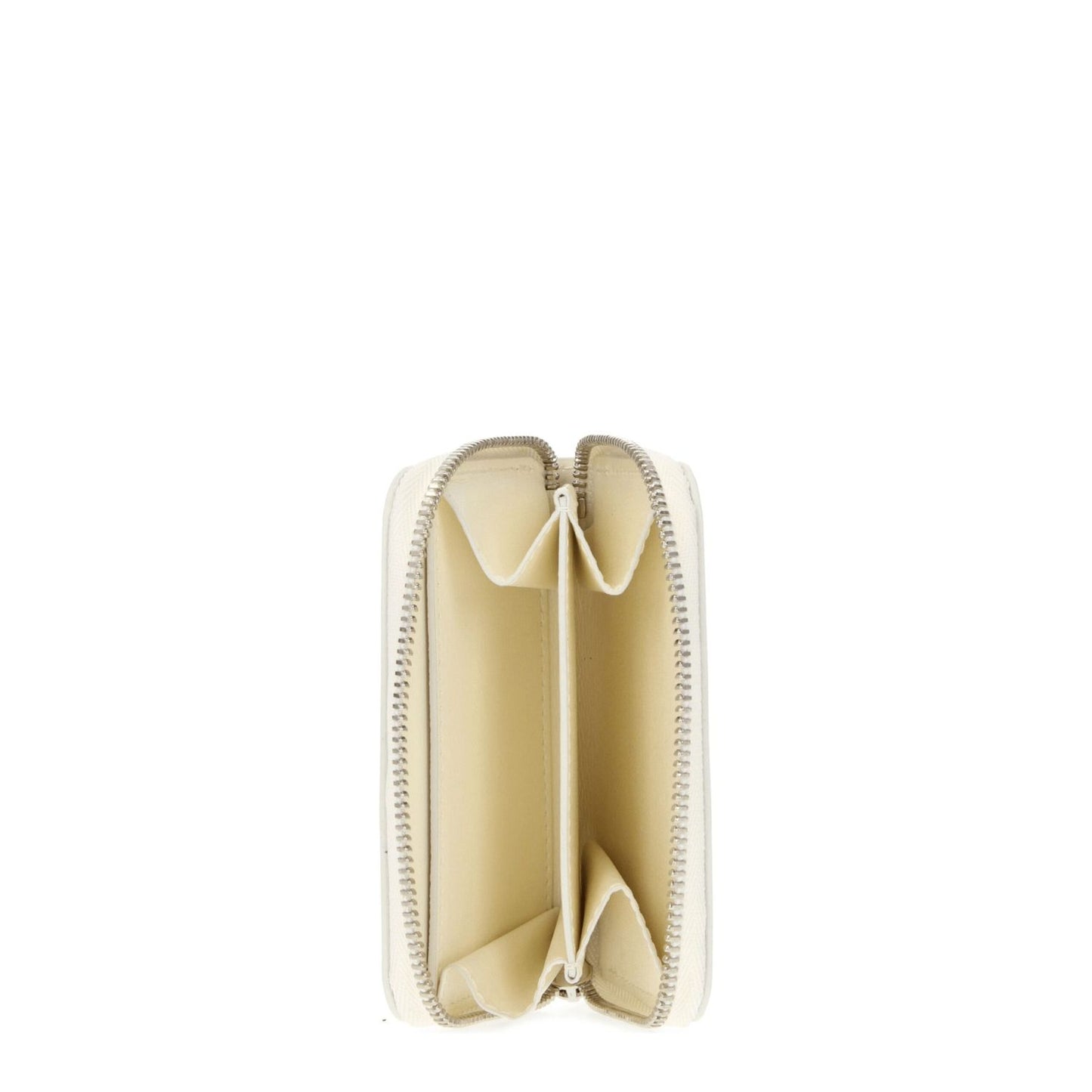 Interior view of Jil Sander Beige Leather Wallet with zip closure, showcasing compartments and design in leather.