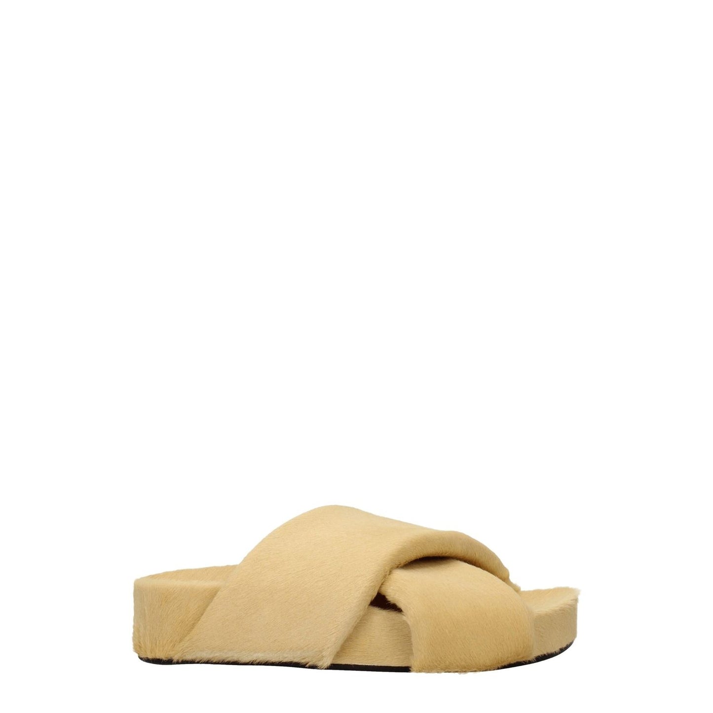 Jil Sander Beige Horsehair Slippers with open toe design and leather sole, featuring a vintage effect and champagne accents.
