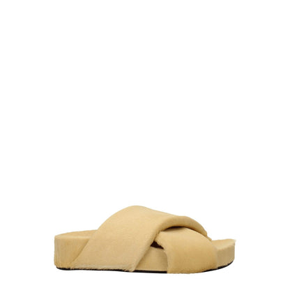 Jil Sander Beige Horsehair Slippers with open toe design and leather sole, featuring a vintage effect and champagne accents.