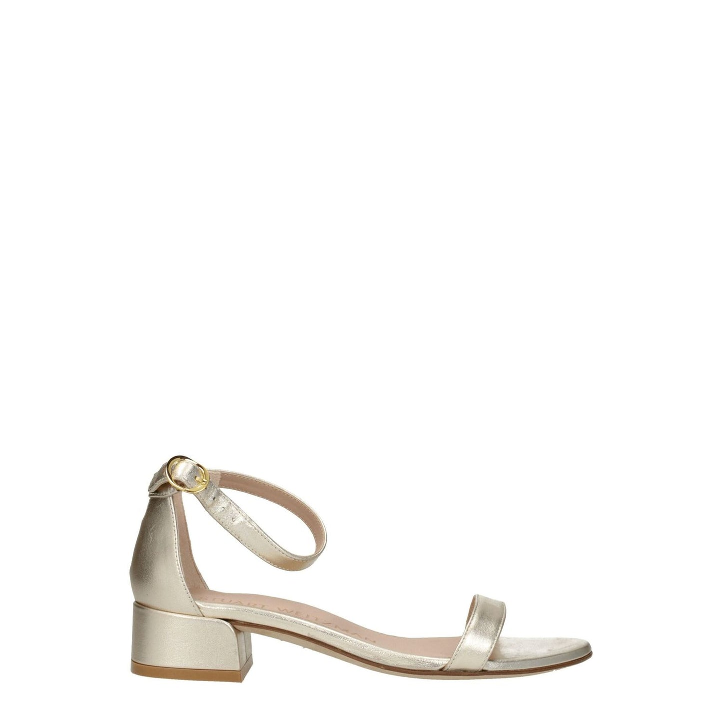 Stuart Weitzman Gold Leather Flat Sandals with buckle closure, open toe, 3.5 cm heel, metallic platinum accent, and leather sole.