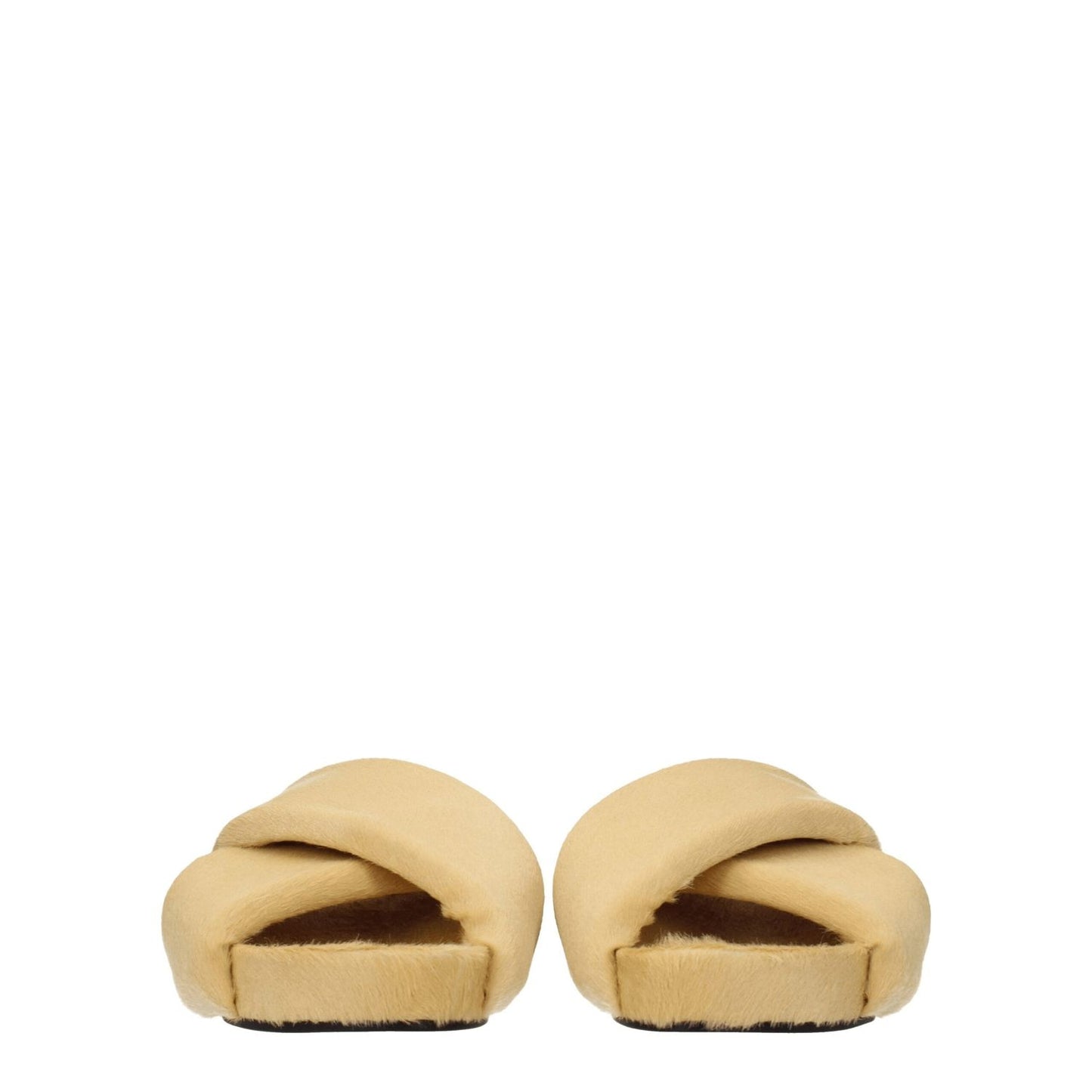 Jil Sander Beige Horsehair Slippers with open toe, low flat heel, leather sole, and vintage effect in pony skin, casual style.