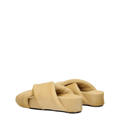 Jil Sander Beige Horsehair Slippers with open toe, low flat heel, featuring vintage effect and leather sole.