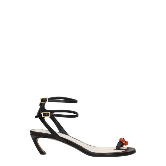 Lanvin Black Leather Stiletto Heel Sandals with buckle closure and rhinestone front detail, open toe, mid heel, casual style.