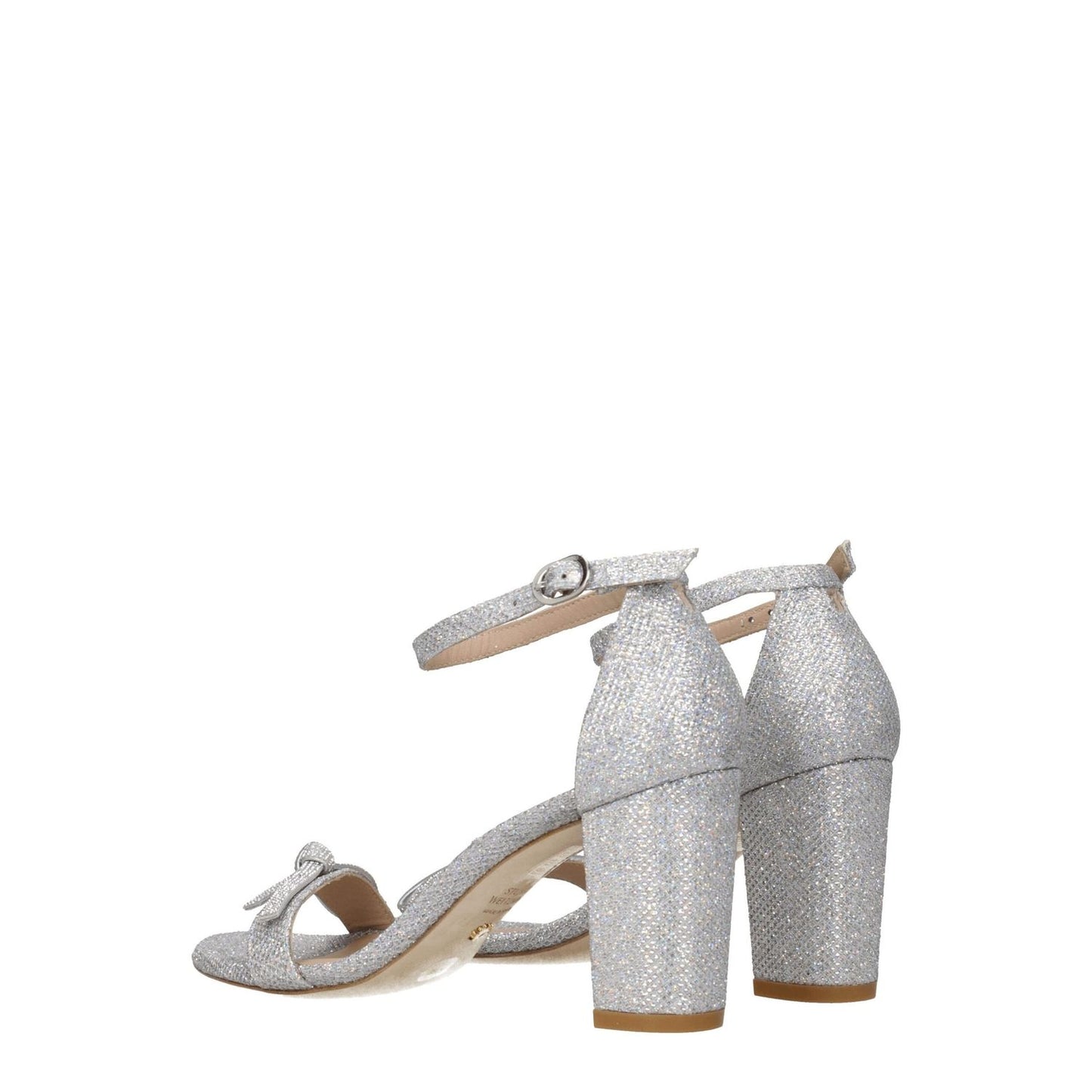 Stuart Weitzman Gray Fabric Platform Sandals with buckle closure and mid heels, featuring open toe design, made from silver fabric and leather sole.