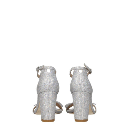 Stuart Weitzman Gray Fabric Platform Sandals with silver finish, buckle closure, and open toe, back view, mid heels, leather sole.