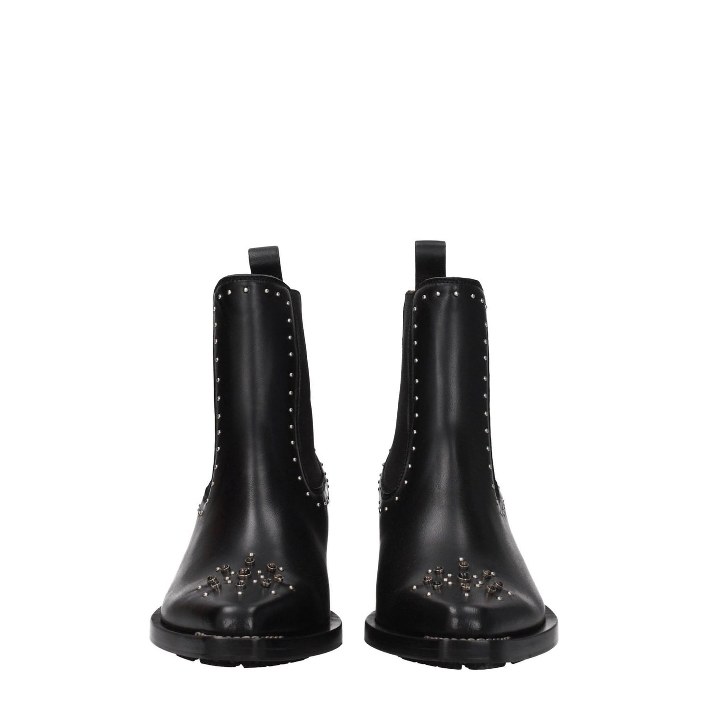 Chloé Black Leather Ankle Boots with studs, square toe, and silver details. Casual mid-heel boots, rubber sole, MPN CHC22W705AV001.