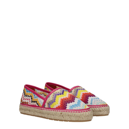 Missoni Multicolor Fabric Espadrilles with vibrant zigzag pattern, leather accents, and round toe design. Low, flat heel. Vintage style.
