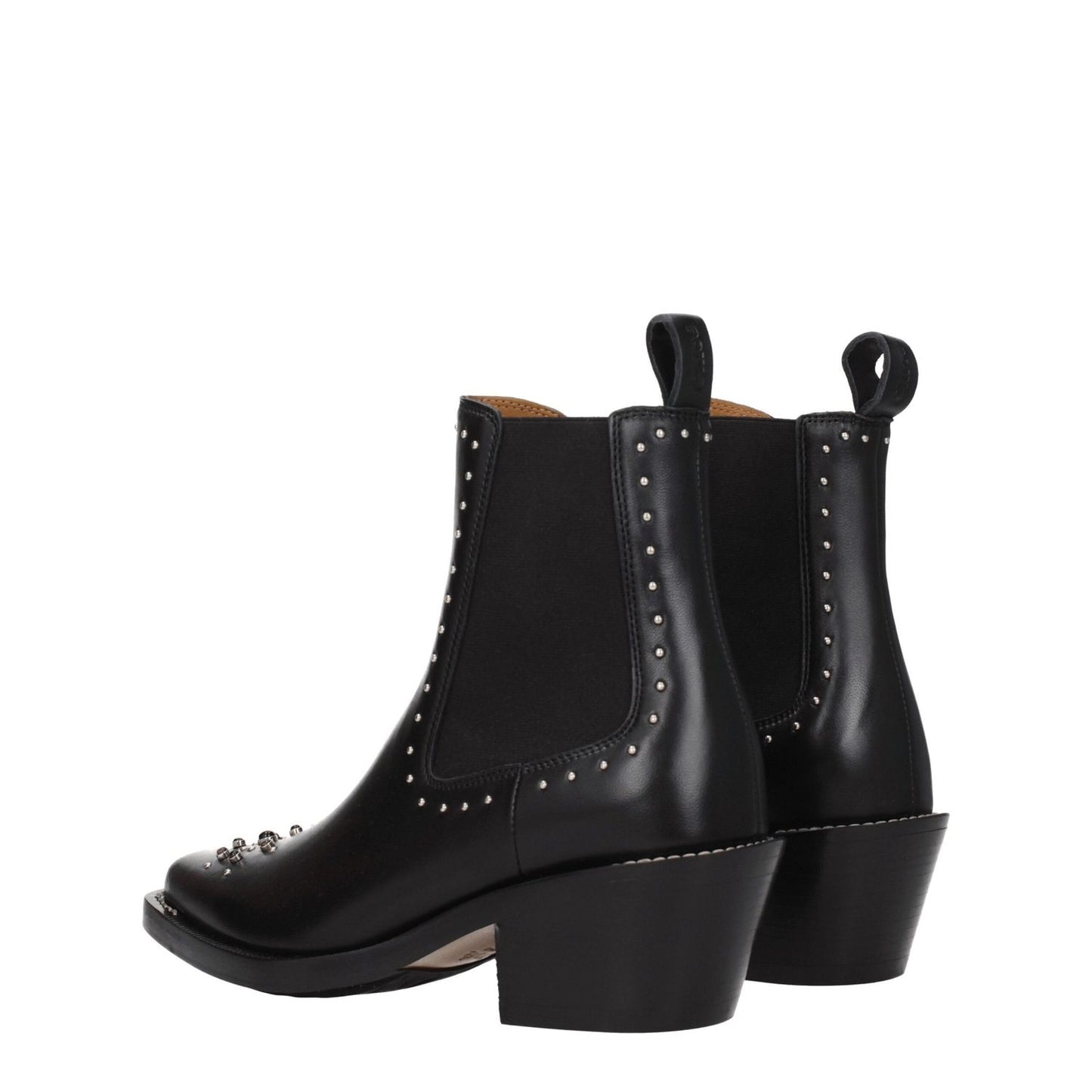 Chloé Black Leather Ankle Boots with studs and stones, featuring silver details and a rubber sole. Casual style with 6 cm mid heels and square toe.