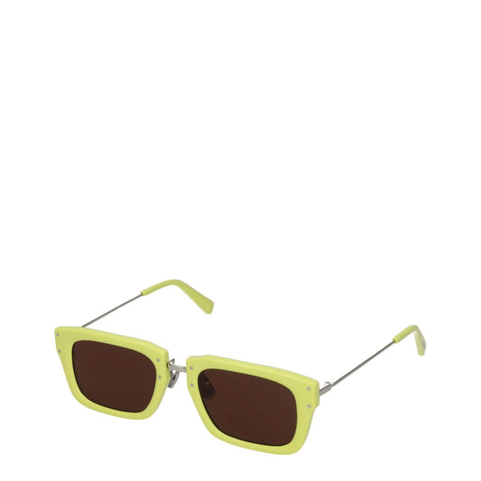 Jacquemus Yellow Acetate Sunglasses with square frame, dark lenses, and silver steel arms. Includes protective case.