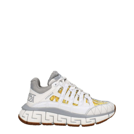 Versace White Fabric Athletic Sneakers with logos, lace-up closure, mid heels, rubber sole, grey accents. MPN 1004182D15TCG6WA70.