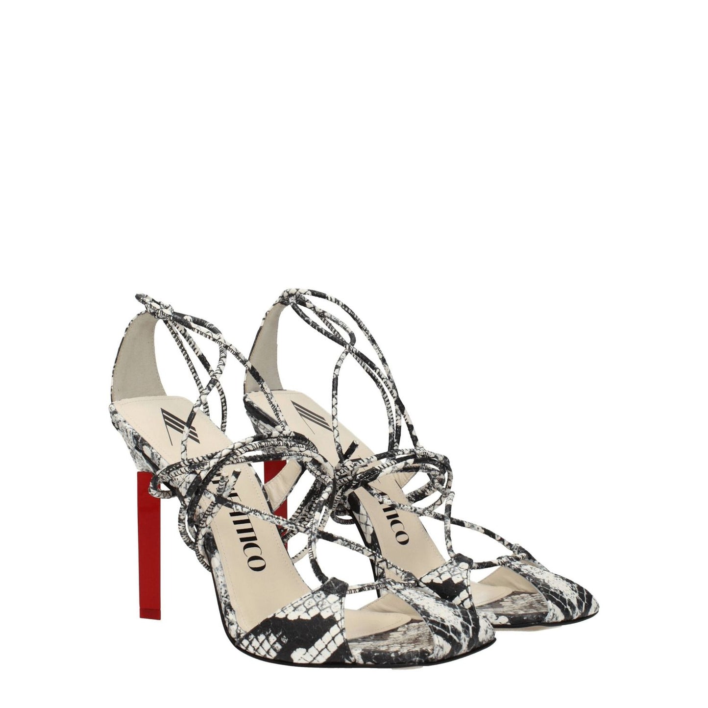 The Attico White Leather Stiletto Heel Sandals with snake print and vintage self-tie design, featuring high red heels and open toe.