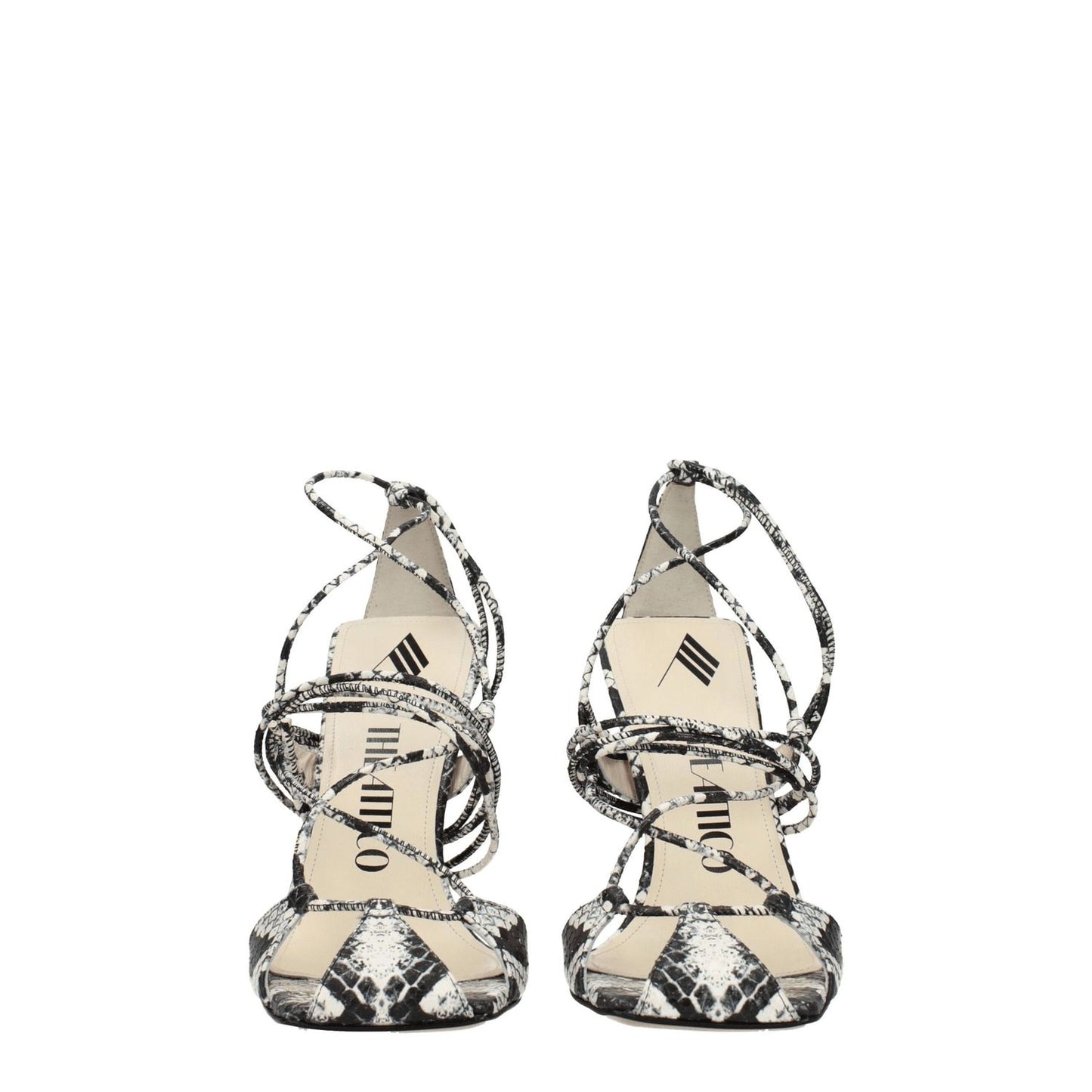 The Attico White Leather Stiletto Heel Sandals with snake print, vintage effect, and 11cm high heel, featuring self-tie closures.