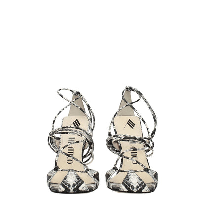 The Attico White Leather Stiletto Heel Sandals with snake print, vintage effect, and 11cm high heel, featuring self-tie closures.