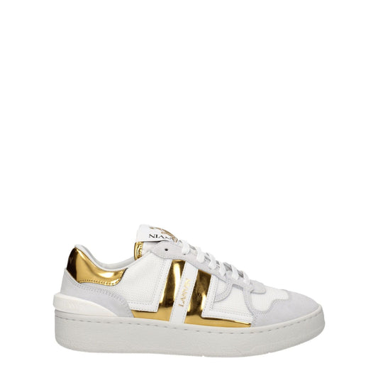 Lanvin White Fabric Low Top Sneakers with gold accents, featuring lace-up closure, logos, rubber sole, round toe, and flat heel.
