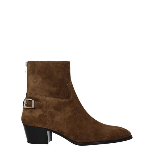 Celine Brown Leather Ankle Boots with vintage suede effect, silver zip closure, and mid heels. Casual style with round toe and leather sole.