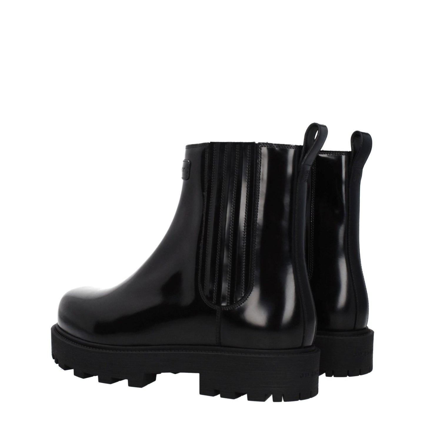 Givenchy Black Leather Ankle Boots with front and back logo, rubber sole, and round toe, featuring mid heels and casual style.