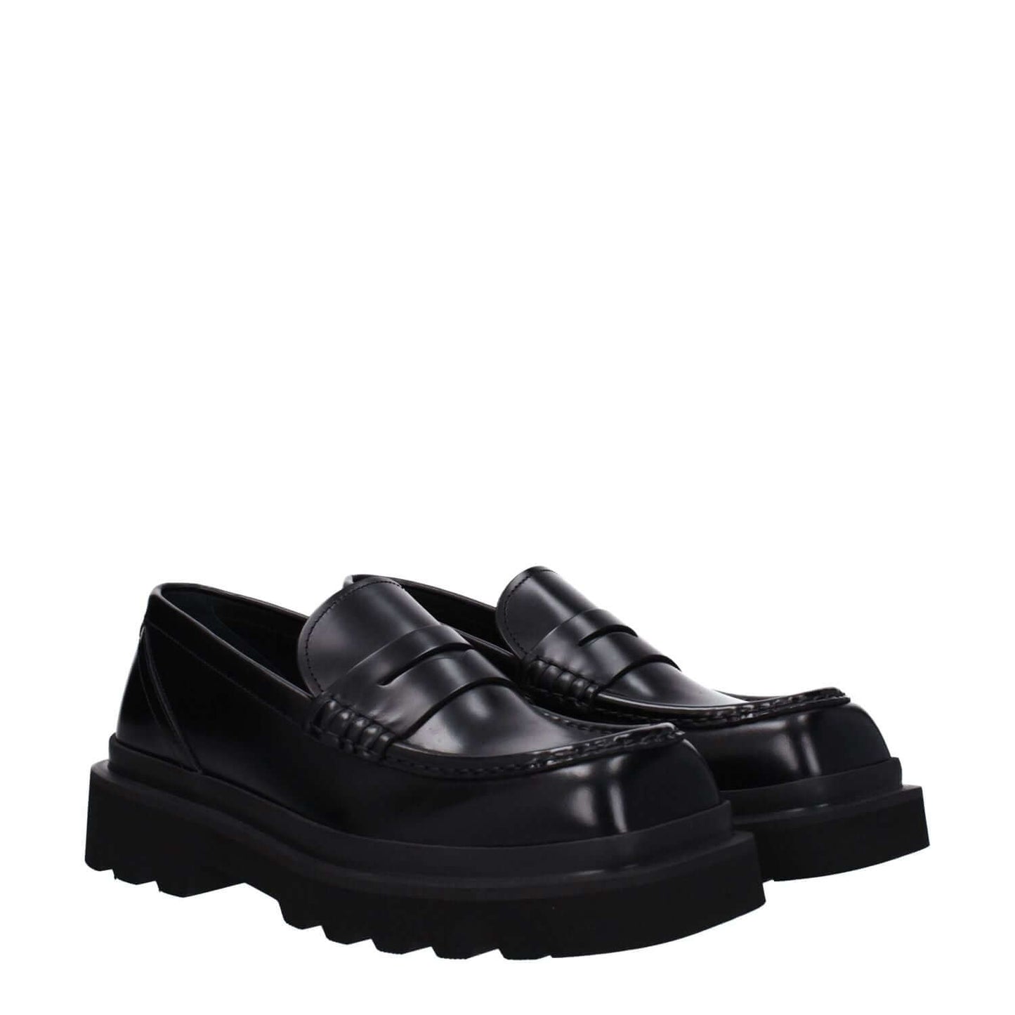 Dolce & Gabbana Black Leather Slip-On Loafers with square toe and mid heels, featuring rubber sole, style A30204A120380999.