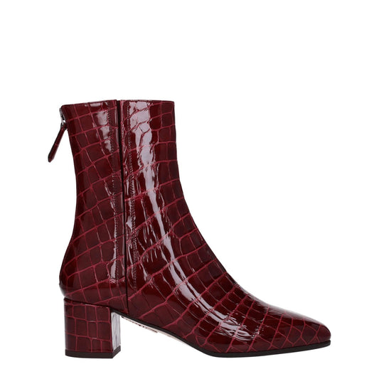 Aquazzura Red Leather Ankle Boots with zip closure, square toe, mid heel, and crocodile print design.