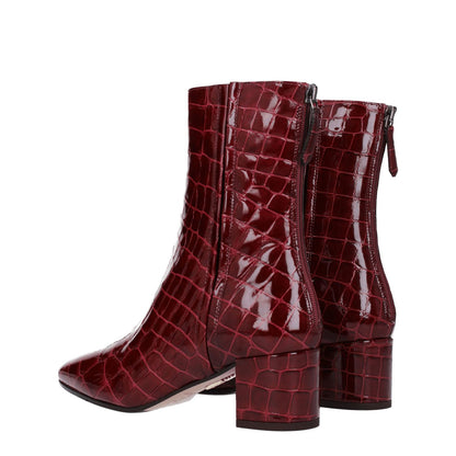 Aquazzura Red Leather Ankle Boots with crocodile print, zip closure, mid heels, square toe, aubergine hue, casual style.