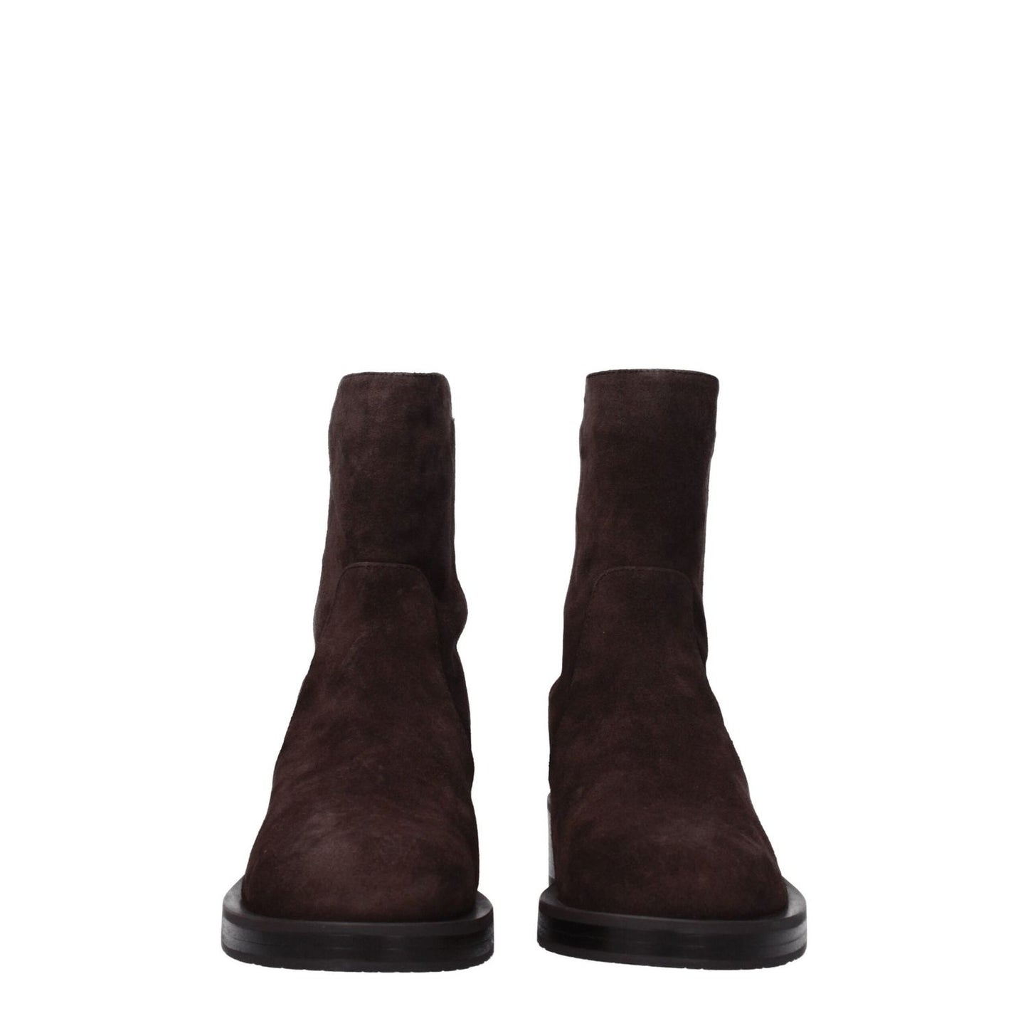 Stuart Weitzman Brown Leather Ankle Boots with mid heels and rubber sole, displaying a round toe design, made of suede material in hickory brown.