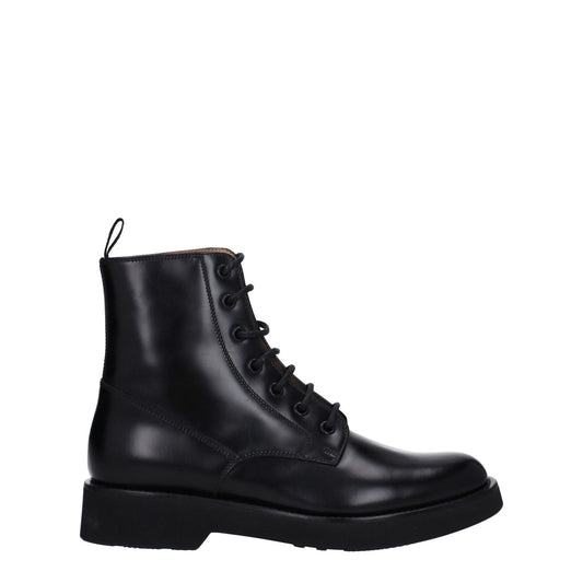Church's Black Leather Ankle Boots with lace-up closure and vintage effect, featuring a low flat heel and rubber sole.