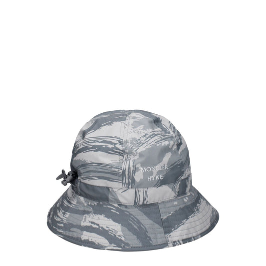 Moncler Gray Polyester Bucket Hat with front logo and drawstring, sporty glam style, MPN 3B00001596I0F92