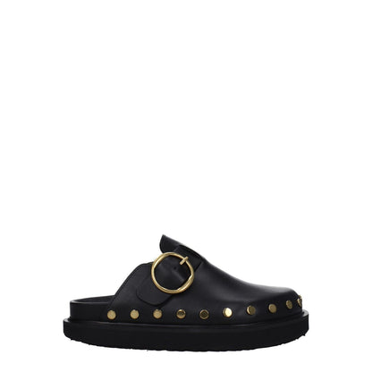 Isabel Marant Black Leather Slippers with gold buckle and studs, vintage style, round toe, low flat heel.