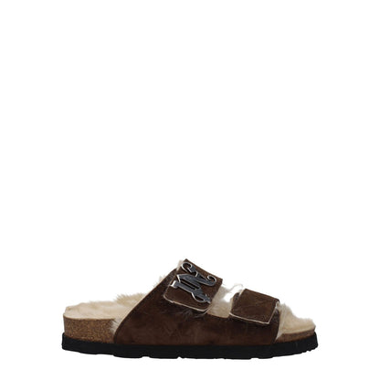 Alt Tag: Palm Angels Brown Leather Slippers with suede material, strap closure, open toe, and rubber sole, featuring front logo design.