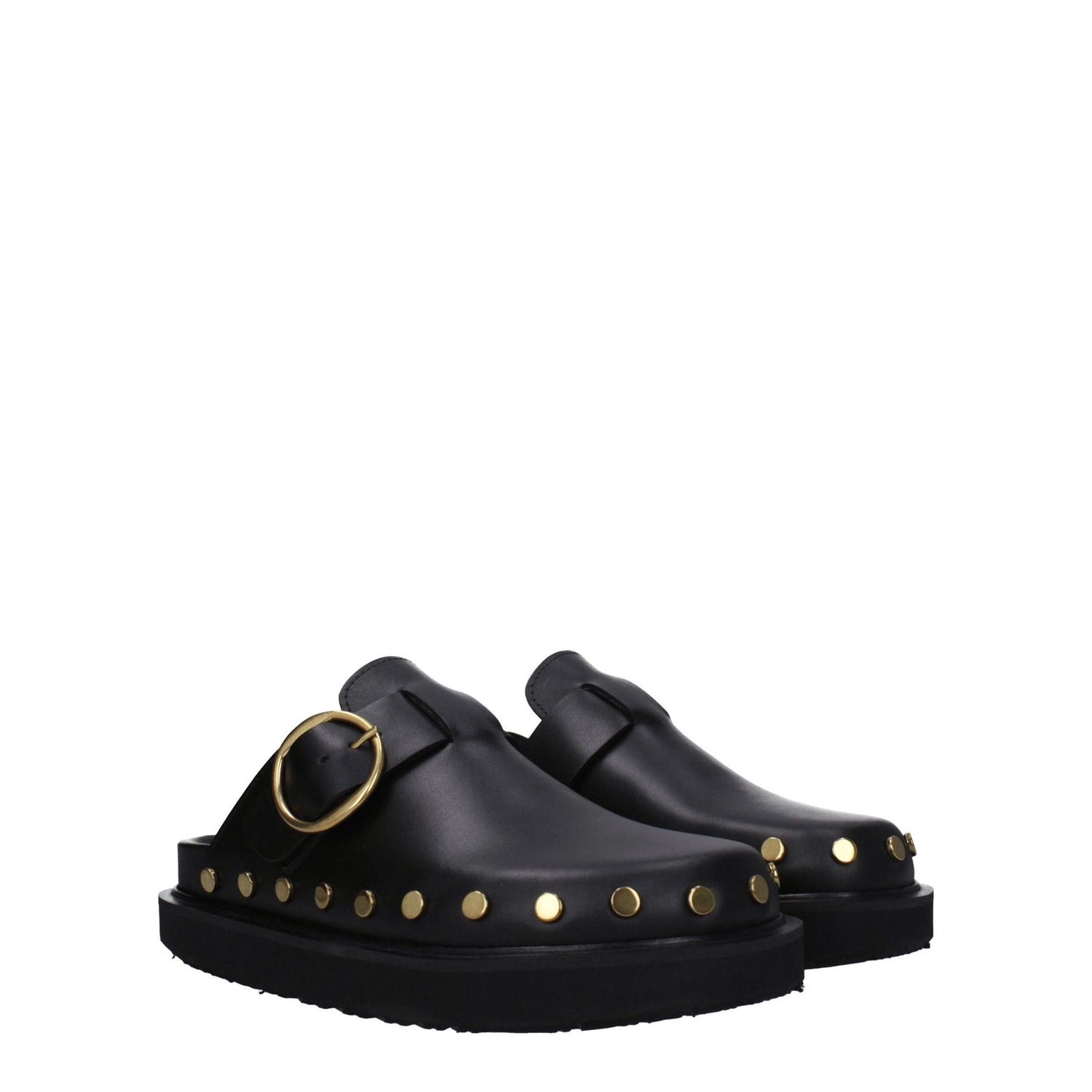 Isabel Marant Black Leather Slippers with studs and buckle, featuring vintage effect and low flat heel. MPN: ML0009FAA3B19SBKGO.