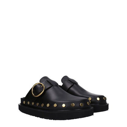 Isabel Marant Black Leather Slippers with studs and buckle, featuring vintage effect and low flat heel. MPN: ML0009FAA3B19SBKGO.